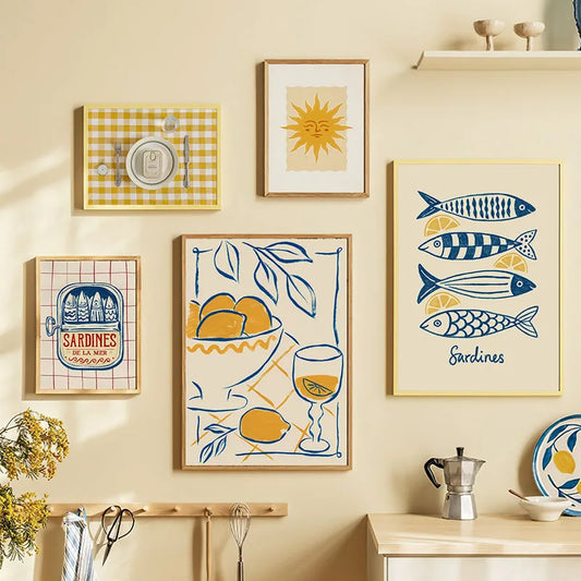 Mediterranean-inspired unframed canvas print featuring lemons, sardines and coastal artwork displayed in a bright contemporary kitchen.