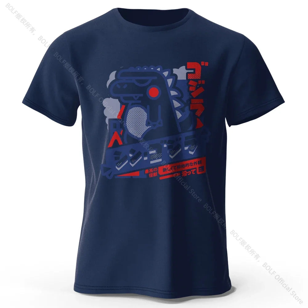 Navy blue t-shirt with red and blue graphic design on a white background