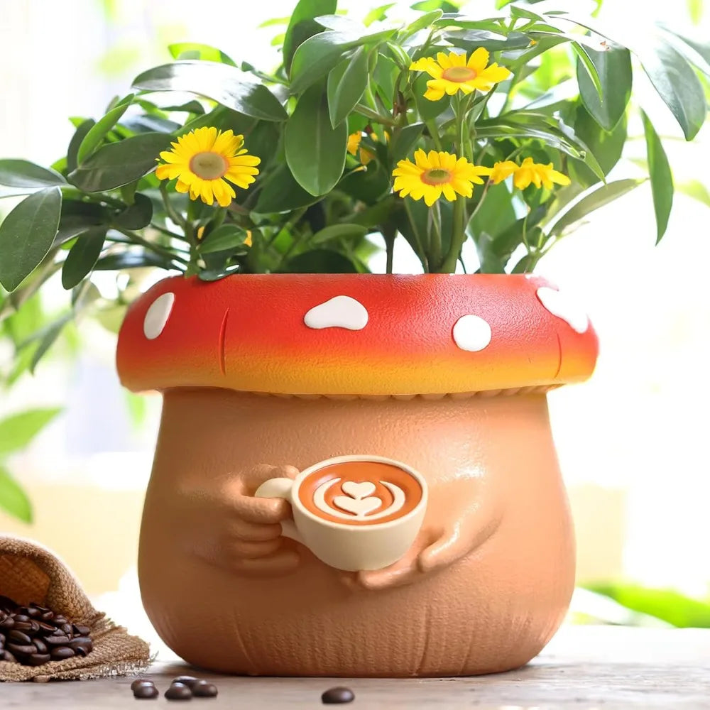 Mushroom-shaped planter with a cup of coffee design, surrounded by plants and flowers.