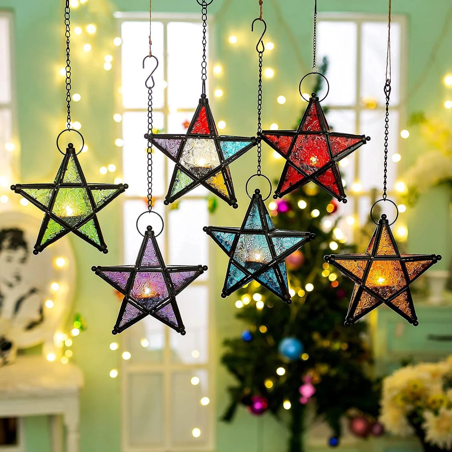 Multi Colours - stained glass five-point star candle holder with a black metal frame and hanging chain, designed for decorative home lighting.