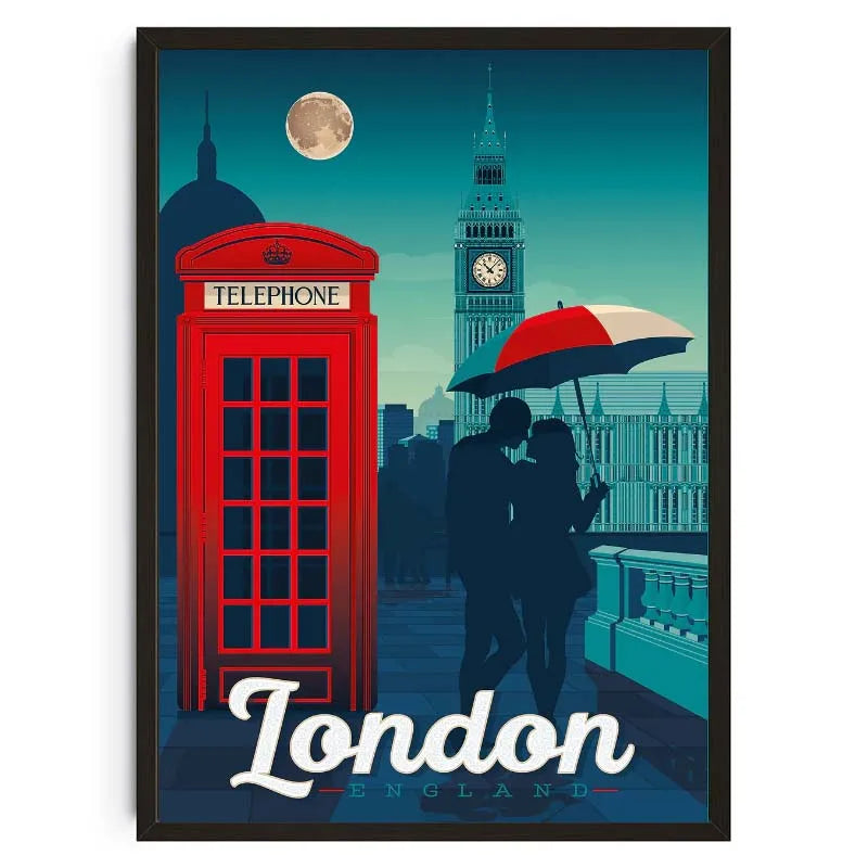 Poster of London with red phone booth, Big Ben, and couple with umbrella.