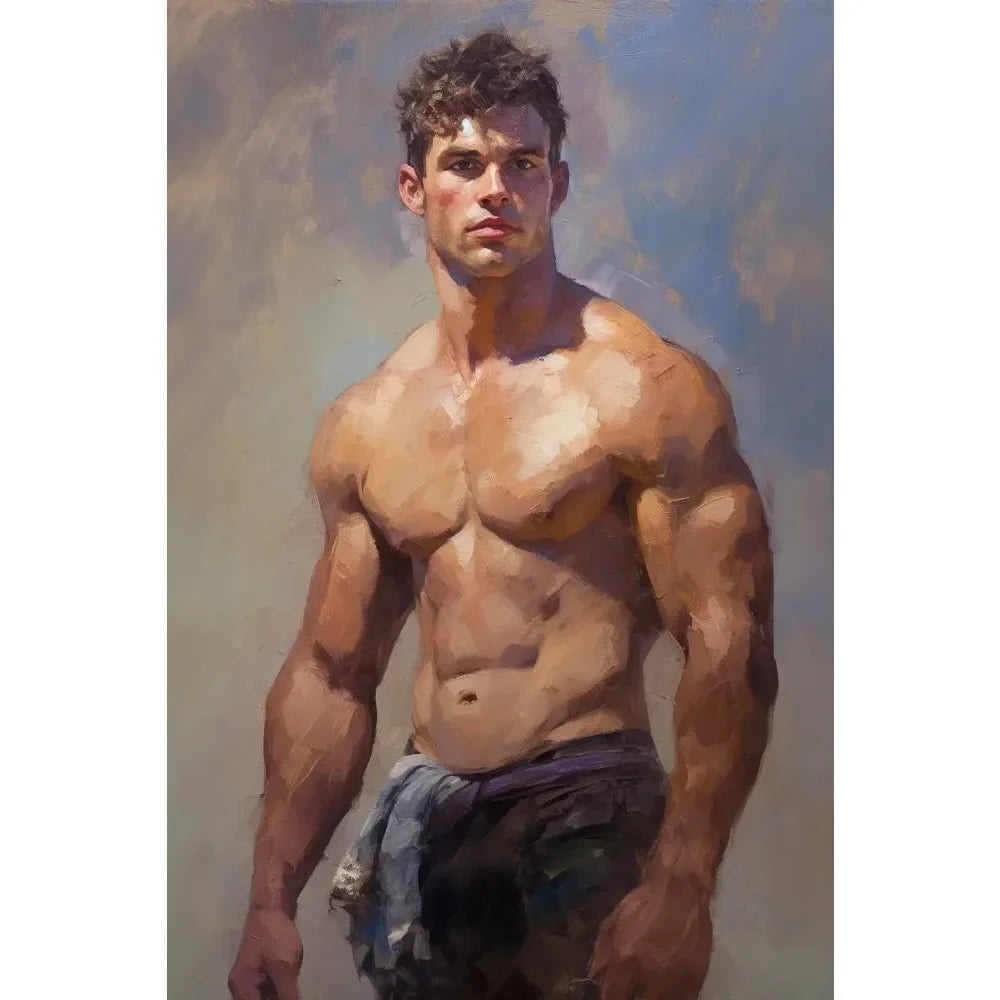 Artistic depiction of a shirtless muscular man against a neutral background