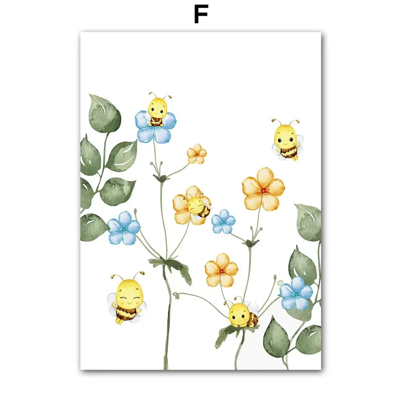 Illustration of bees and flowers on a white background