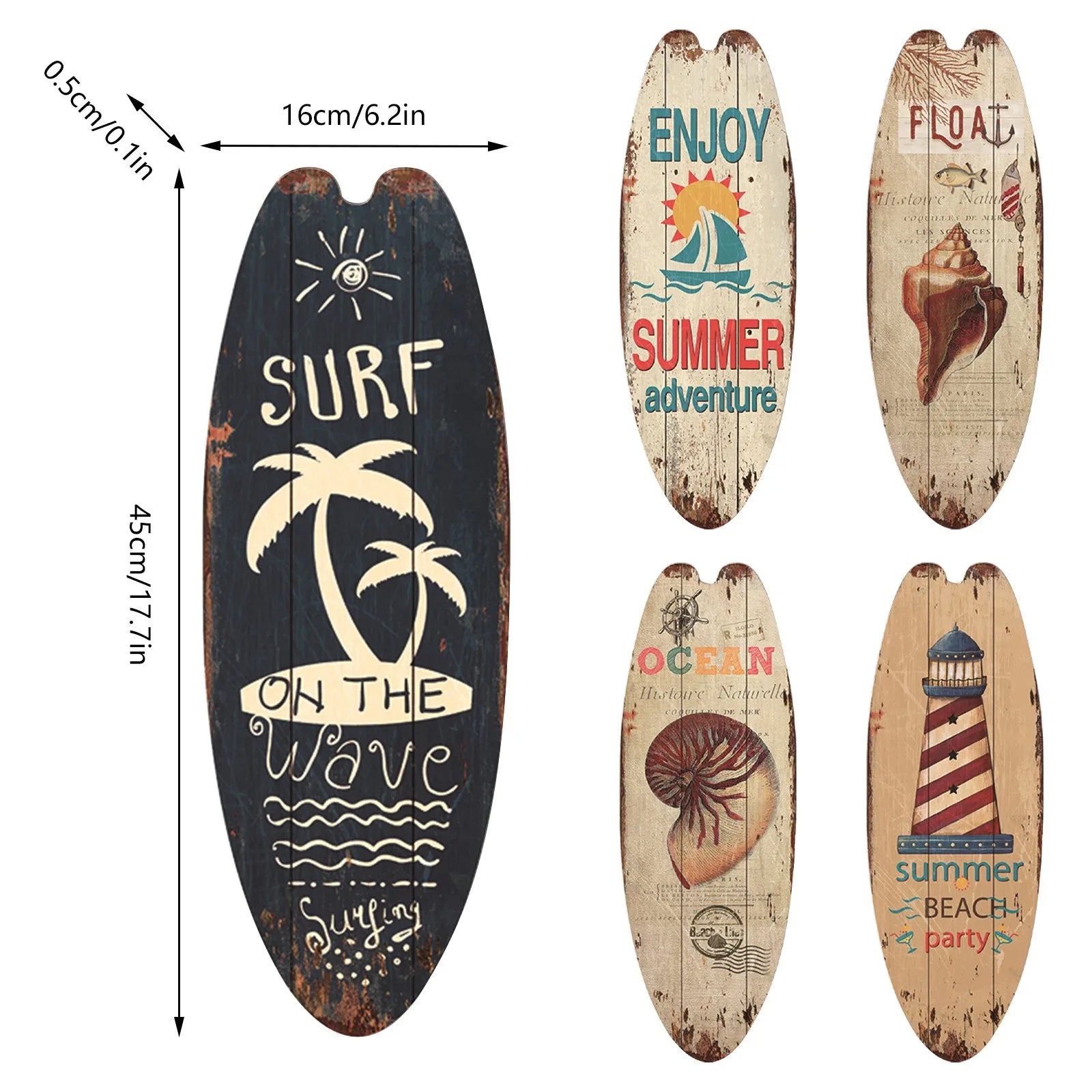Set of decorative wooden surfboards with various designs and text, including measurements.