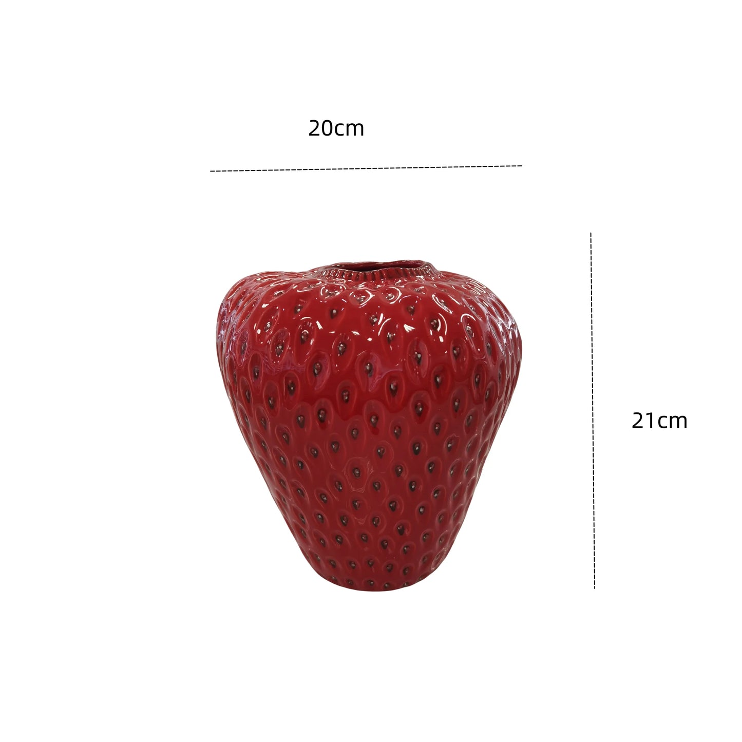 Red strawberry-shaped vase with dimensions on a white background