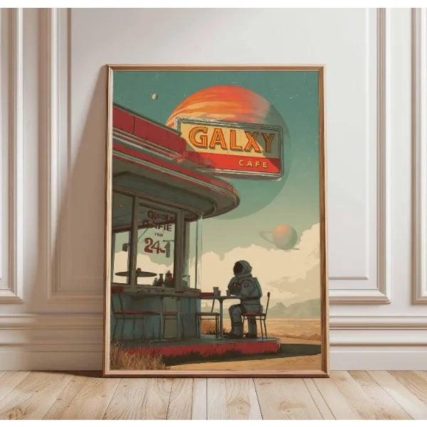 Framed artwork of a space-themed cafe with 'Galxy Cafe' sign on a wall.