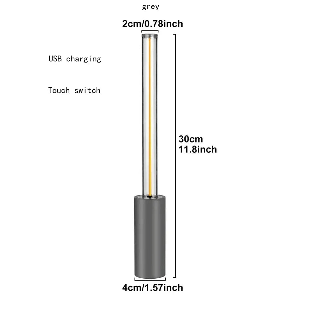 Measurement chart of a cylindrical device with USB charging and touch switch features on a white background.