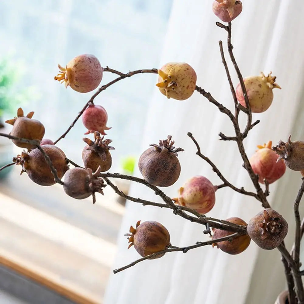 Branch with pomegranate fruits against a blurred indoor background