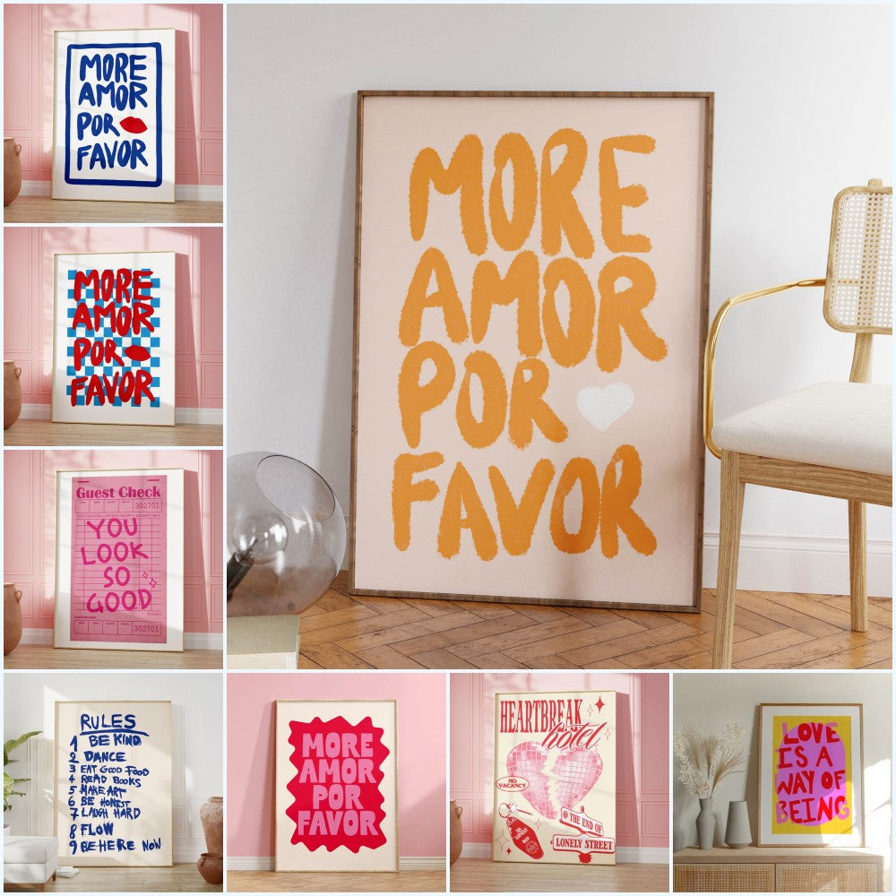 Collage of 'More Amor Por Favor' posters in various frames and colors.
