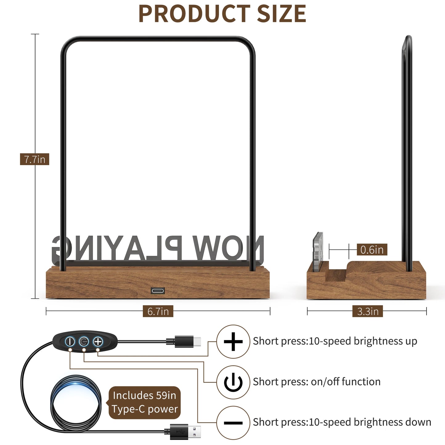 Product size chart with dimensions and features of a lamp and stand.