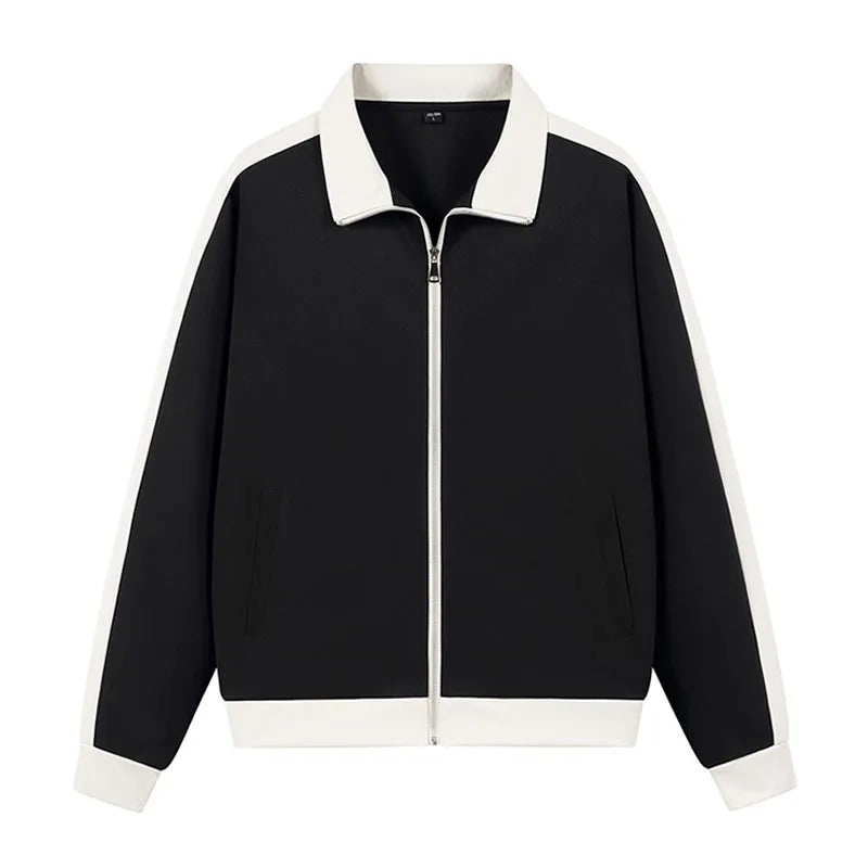 Black jacket with white collar and cuffs on a white background