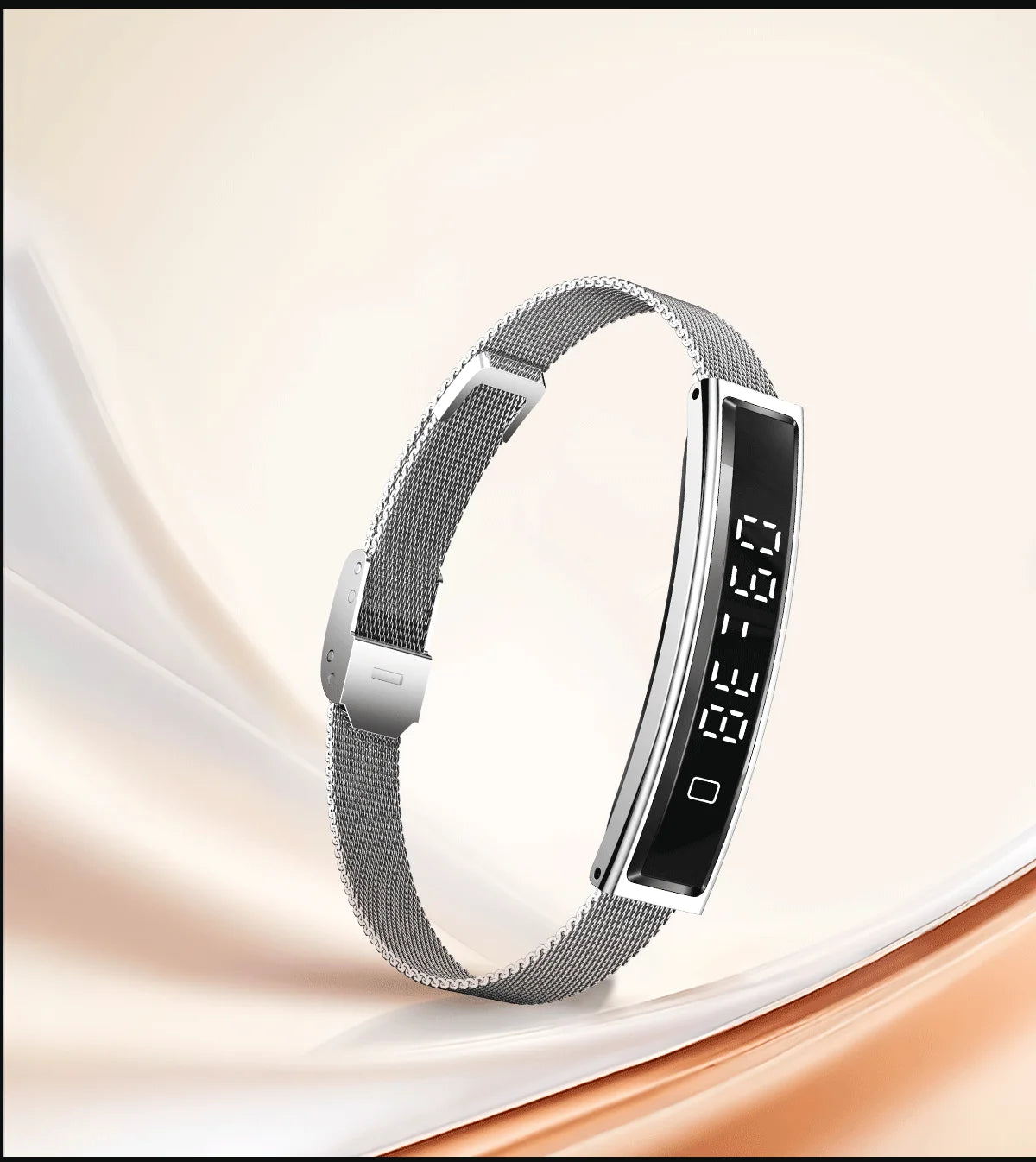 Smart fitness bracelet in gold and white, showing slim touchscreen and silicone/mesh straps.