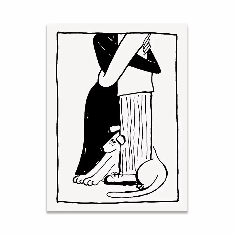 A minimalist black and white art print featuring a stylized illustration of a person leaning against a column with a dog at their feet, shown as a vertical canvas against a light gray background.