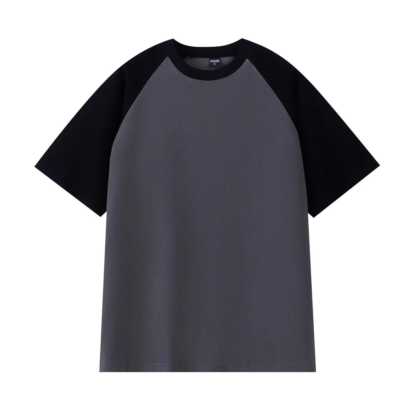 Gray t-shirt with black sleeves on a white background