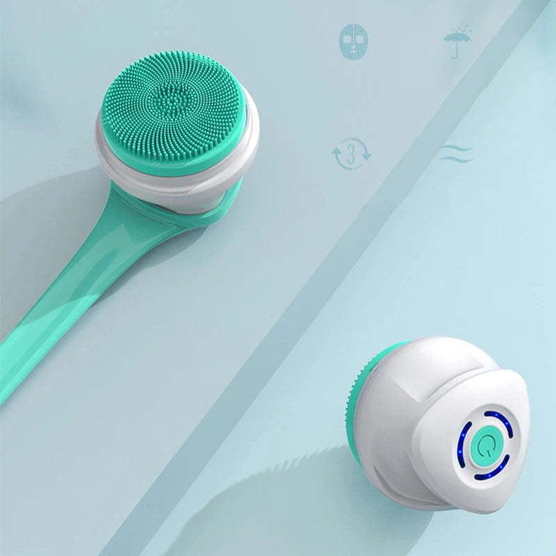 Green and white facial cleansing brush on a light blue background