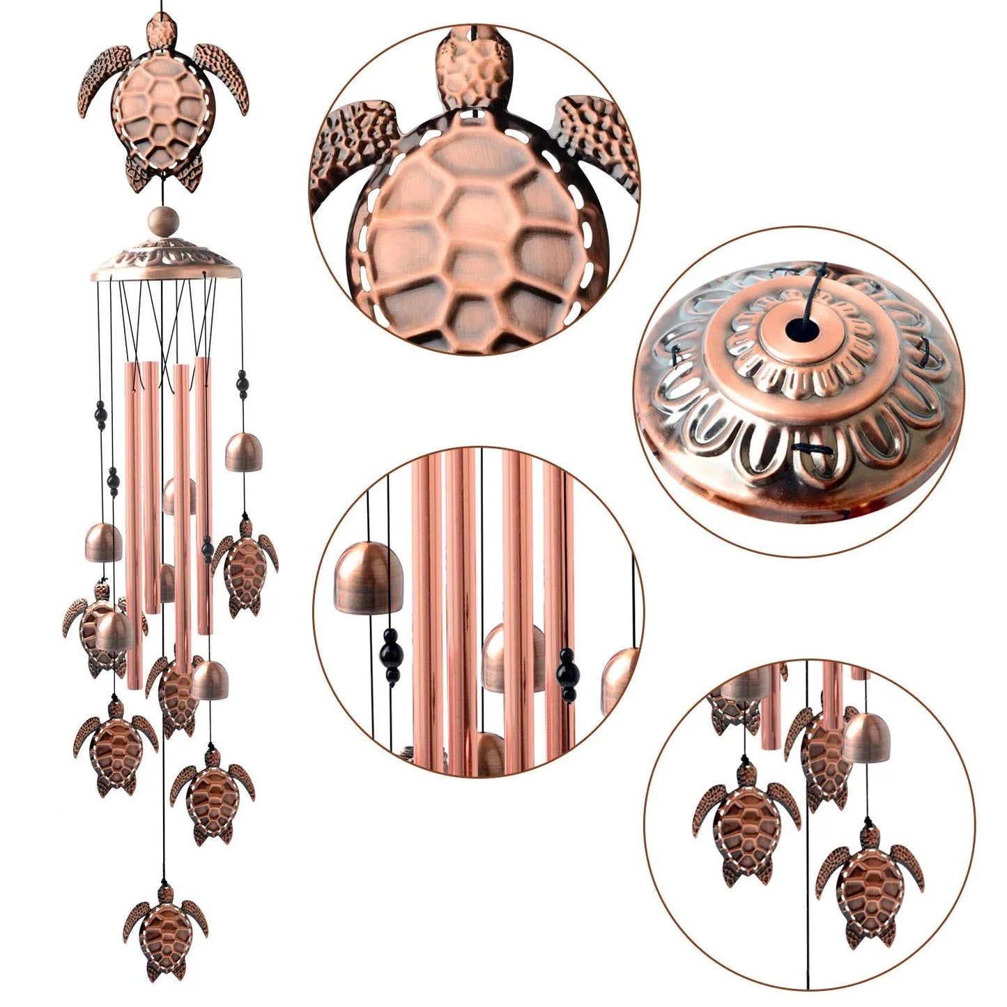Copper wind chime with turtle design, shown from multiple angles on a white background.