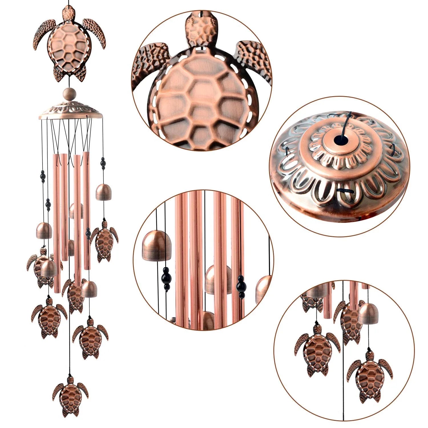 Copper wind chime with turtle design, shown from multiple angles on a white background.