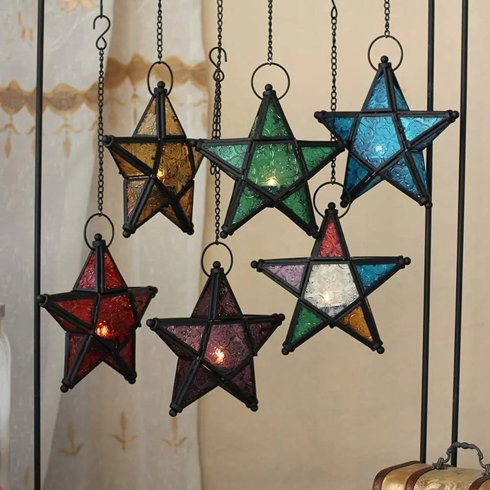 Colorful star-shaped hanging lanterns with a neutral background
