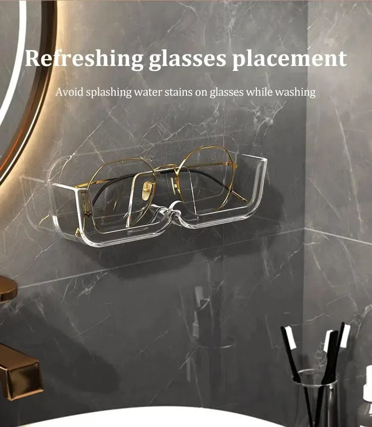 Glasses on a clear stand against a marble bathroom background with text about glasses placement.