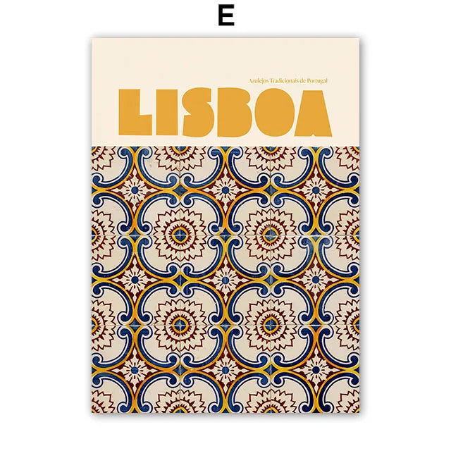 Poster with 'Lisboa' text and decorative tiles on a beige background