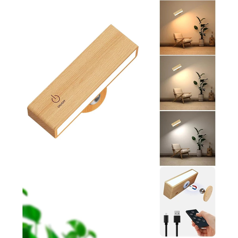 Wooden wall light fixture with remote control, packaging, and usage scenarios.
