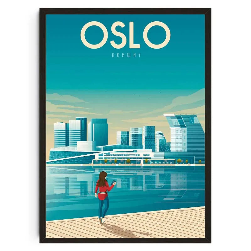 Poster of Oslo with a woman walking by a waterfront and city skyline.
