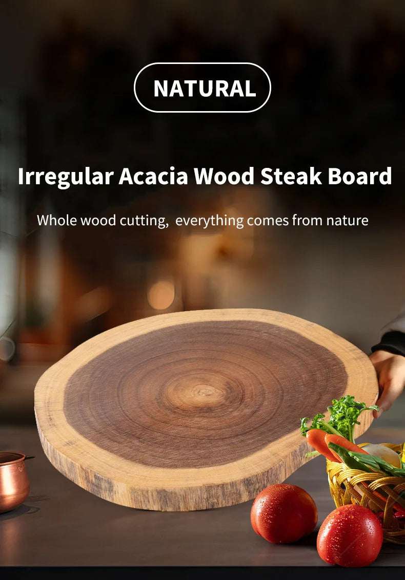 Irregular Acacia Wood Steak Board with a blurred background of fruits and vegetables