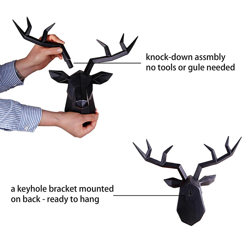 Black deer head wall decoration with assembly instructions on a white background