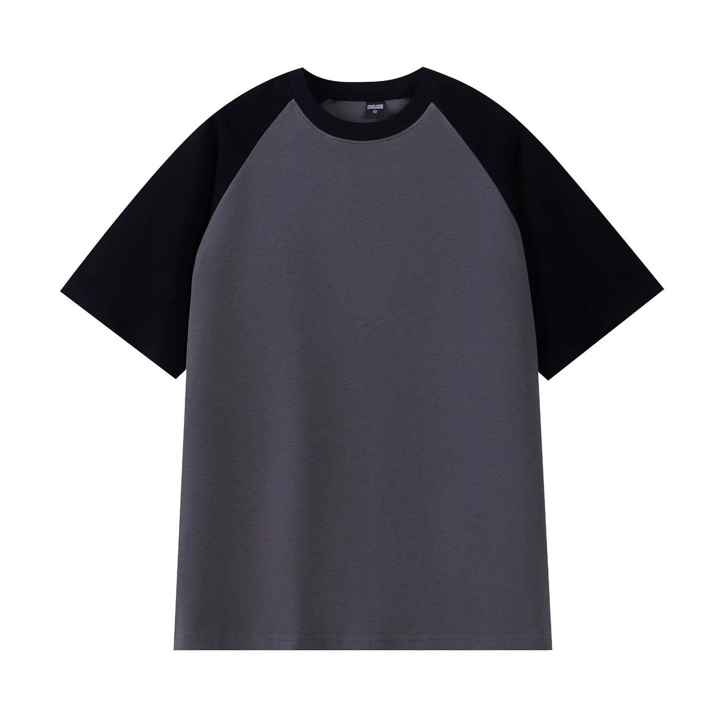 Gray t-shirt with black sleeves on a white background