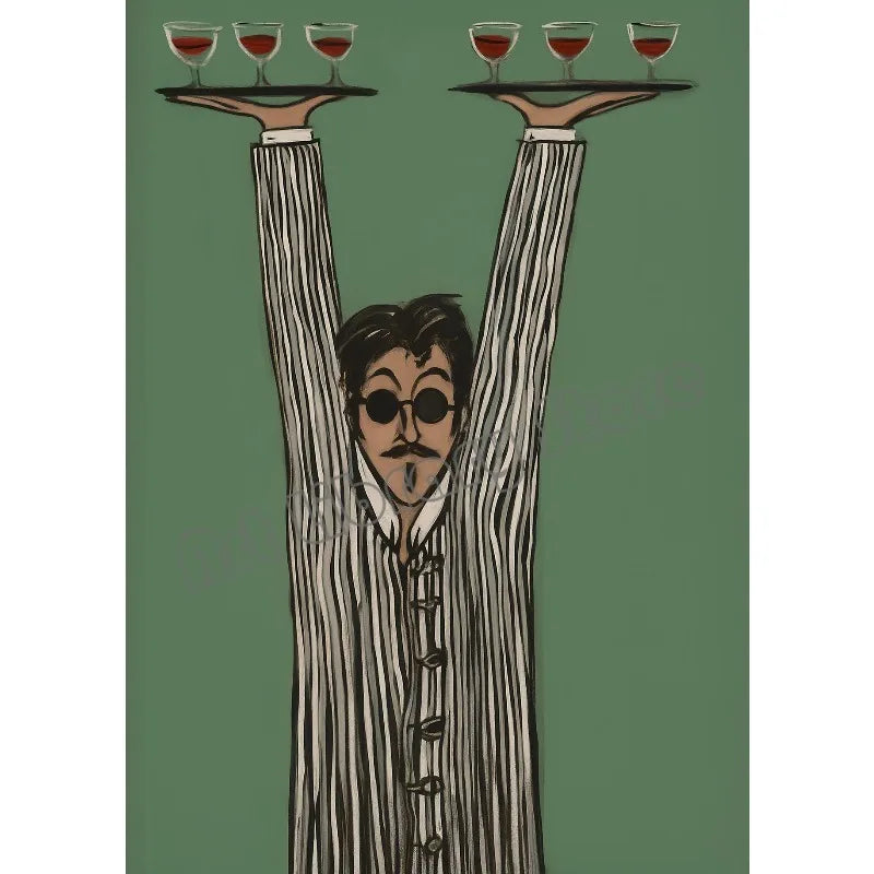 Illustration of a man in a suit holding two trays with wine glasses against a green background