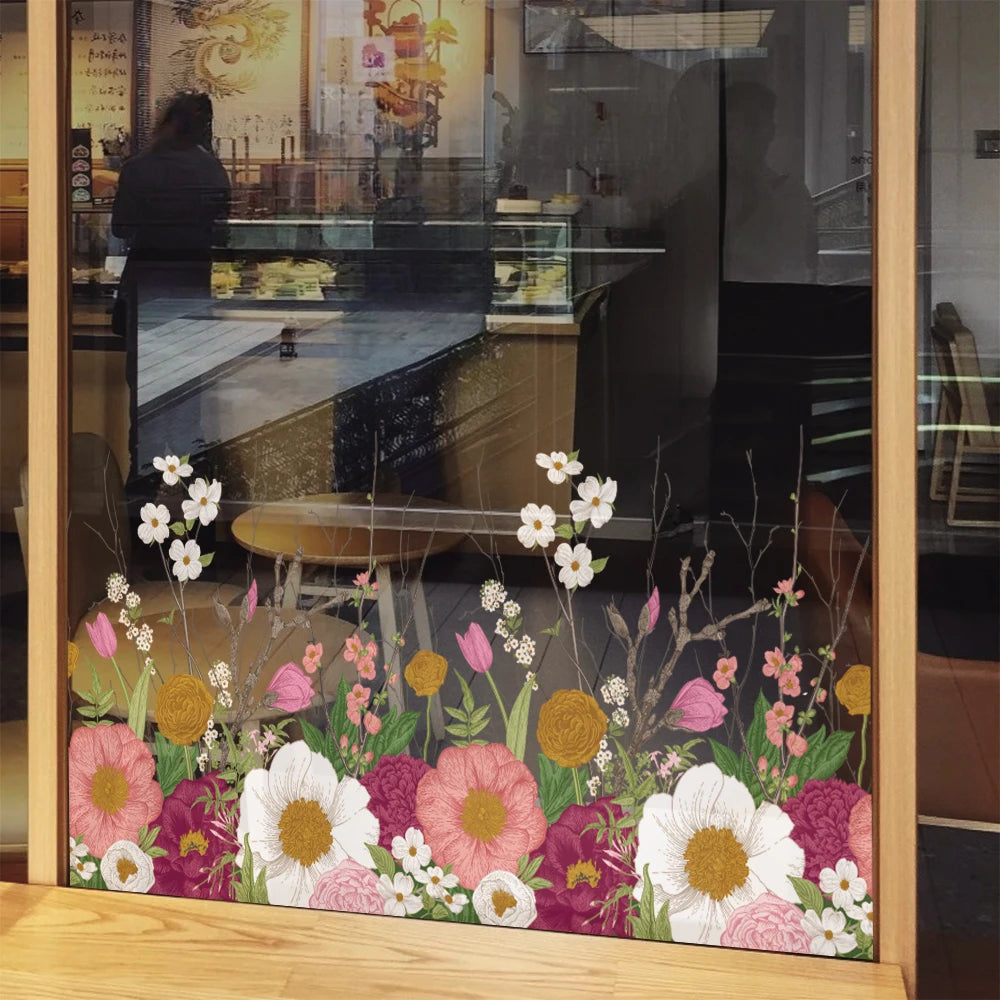Decorative glass panel with floral design in a room setting