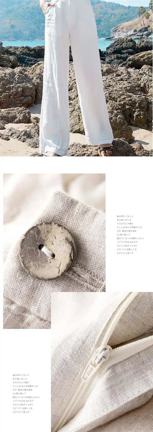 White pants on a rocky beach with close-up details of fabric texture.