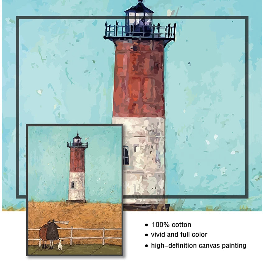 Lighthouse painting with a smaller inset of the same scene, on a textured blue background.