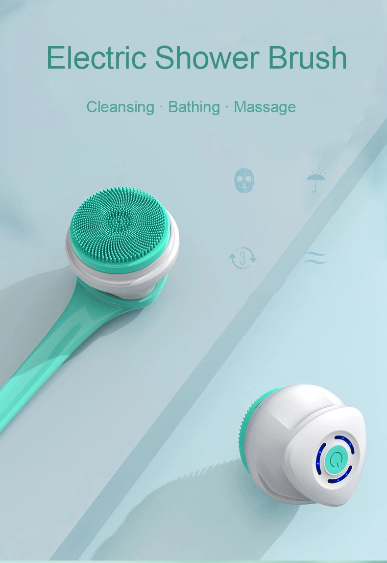 Electric shower brush with green handle and white bristle head on a light blue background