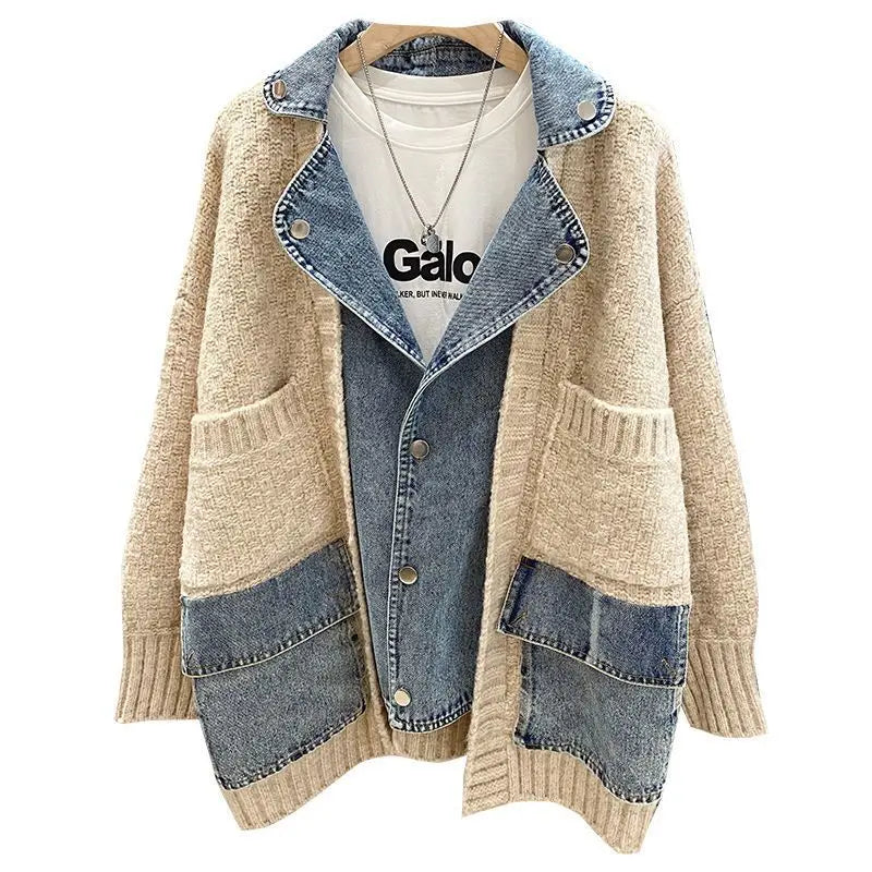 Beige and denim cardigan on a hanger with 'Galo' brand visible.