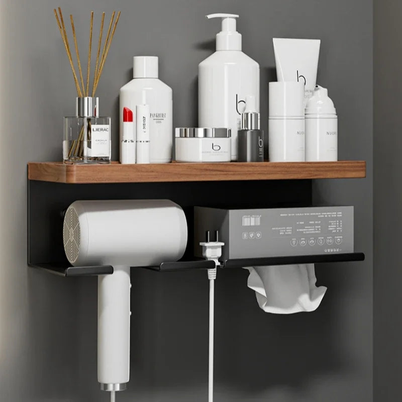 Shelf with beauty products and a hair dryer against a gray wall