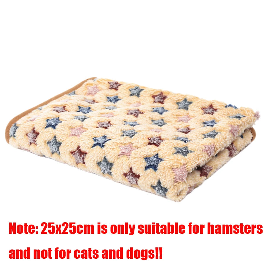 Folded blanket with star pattern on a white background, with a note about size suitability for small pets.