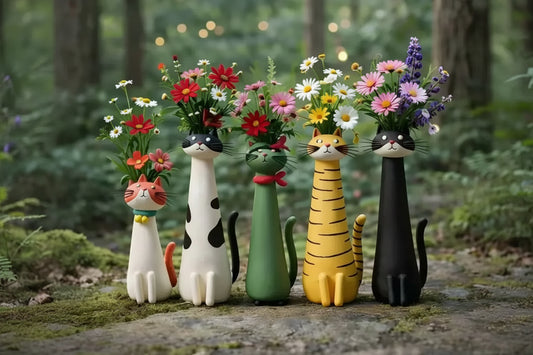 Five cat-shaped vases with floral arrangements in a forest setting