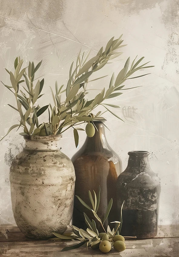 Three rustic vases with olive branches and olives on a textured surface