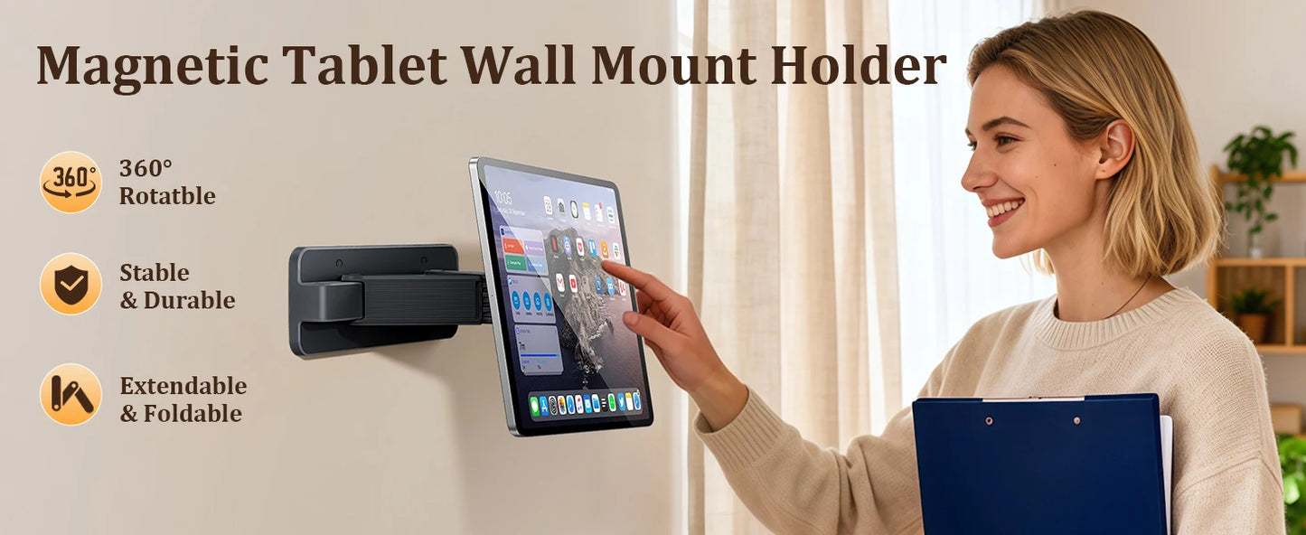 Woman using a tablet with a magnetic wall mount holder, featuring stability and durability icons.