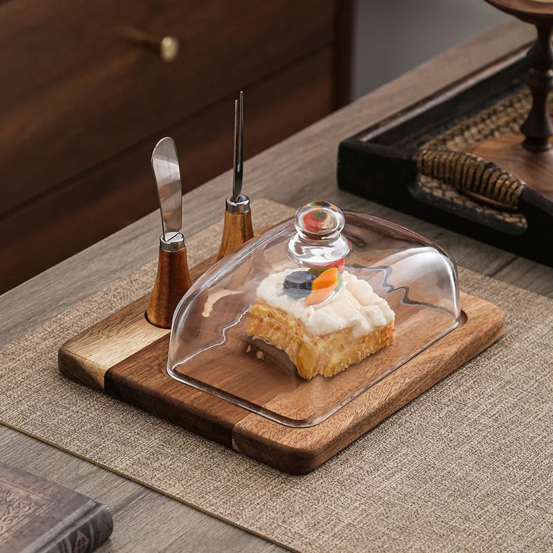 Acacia wood butter dish with clear glass dome and serving knife