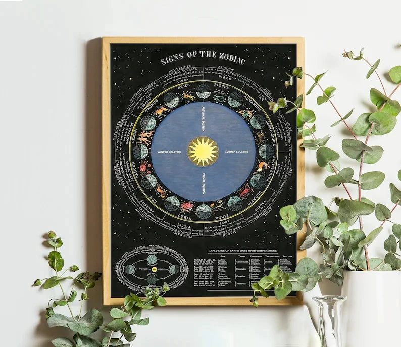 Framed poster of 'Signs of the Zodiac' on a wall with plants.