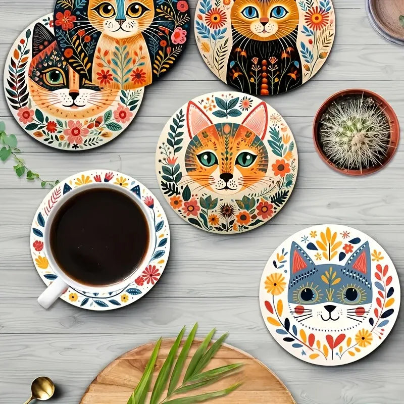6-Piece Cat Themed Wooden Coaster Set with Floral Design