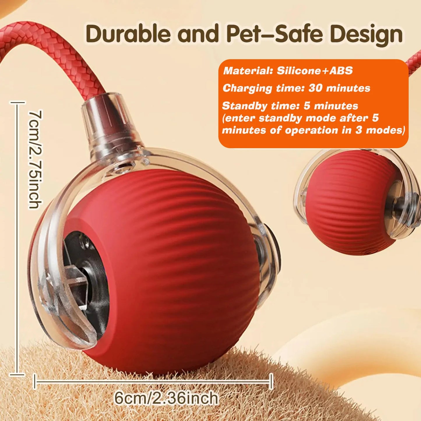 Red and clear ball-shaped device with charging information on a beige background