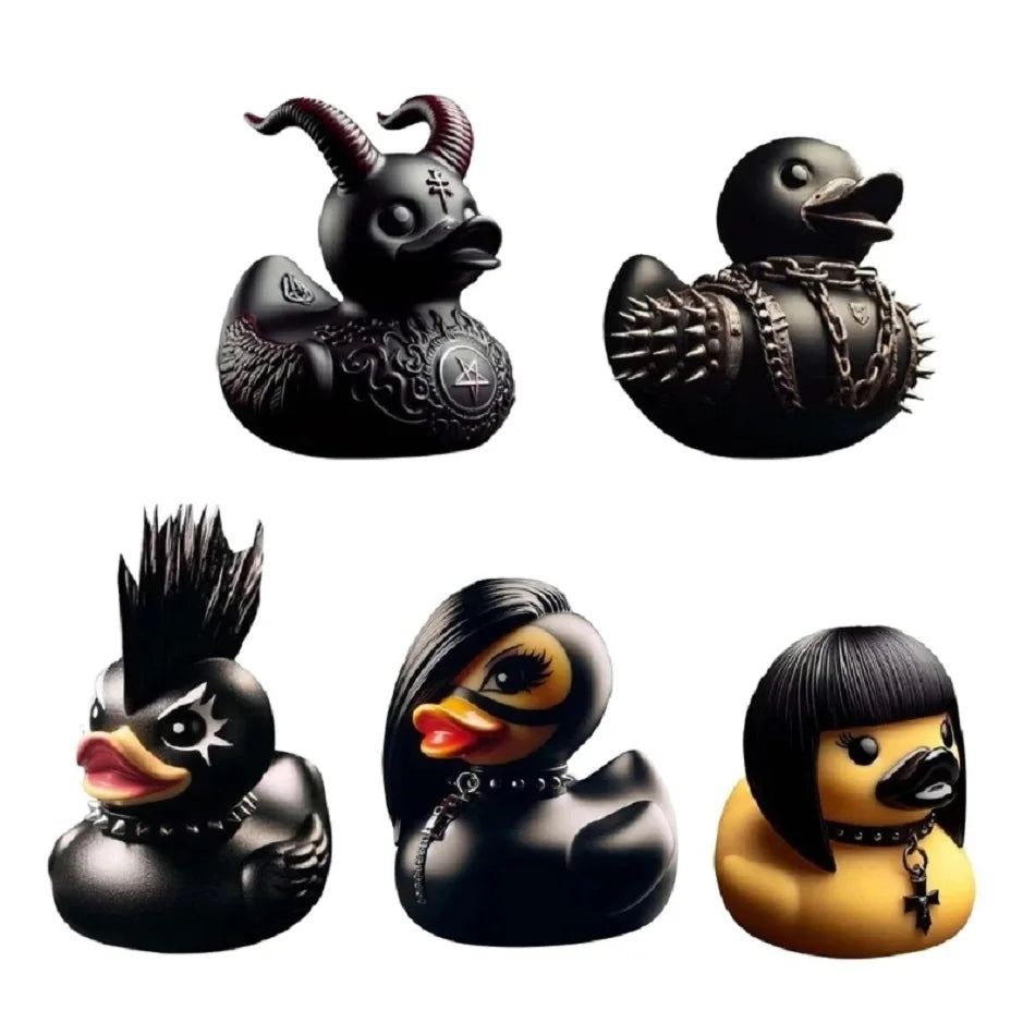 Set of black rubber duckies with unique designs on a white background