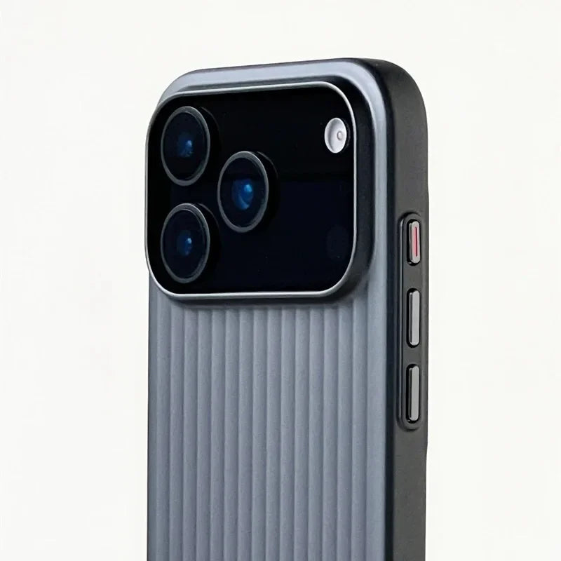 Close-up of a smartphone with a ribbed back design on a white background