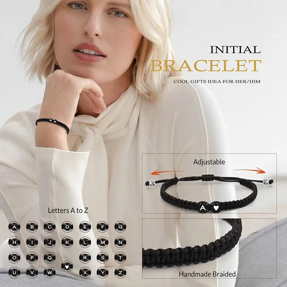 Woman wearing a black adjustable bracelet with an initial charm, surrounded by a promotional graphic for 'Initial Bracelet'.