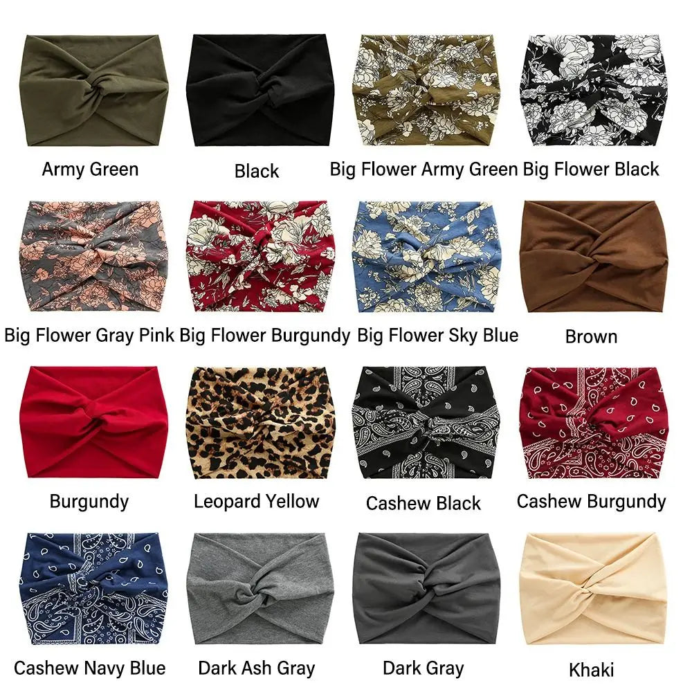 Collection of headbands in various colors and patterns on a white background