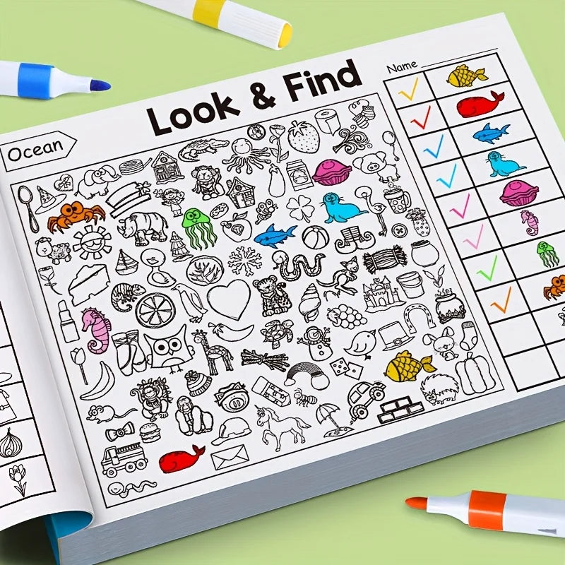 Children's activity book with 'Look & Find' game on a green background