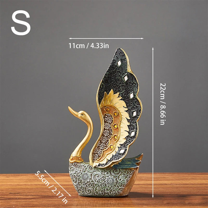 Decorative swan sculpture with measurements on a wooden surface and gray background